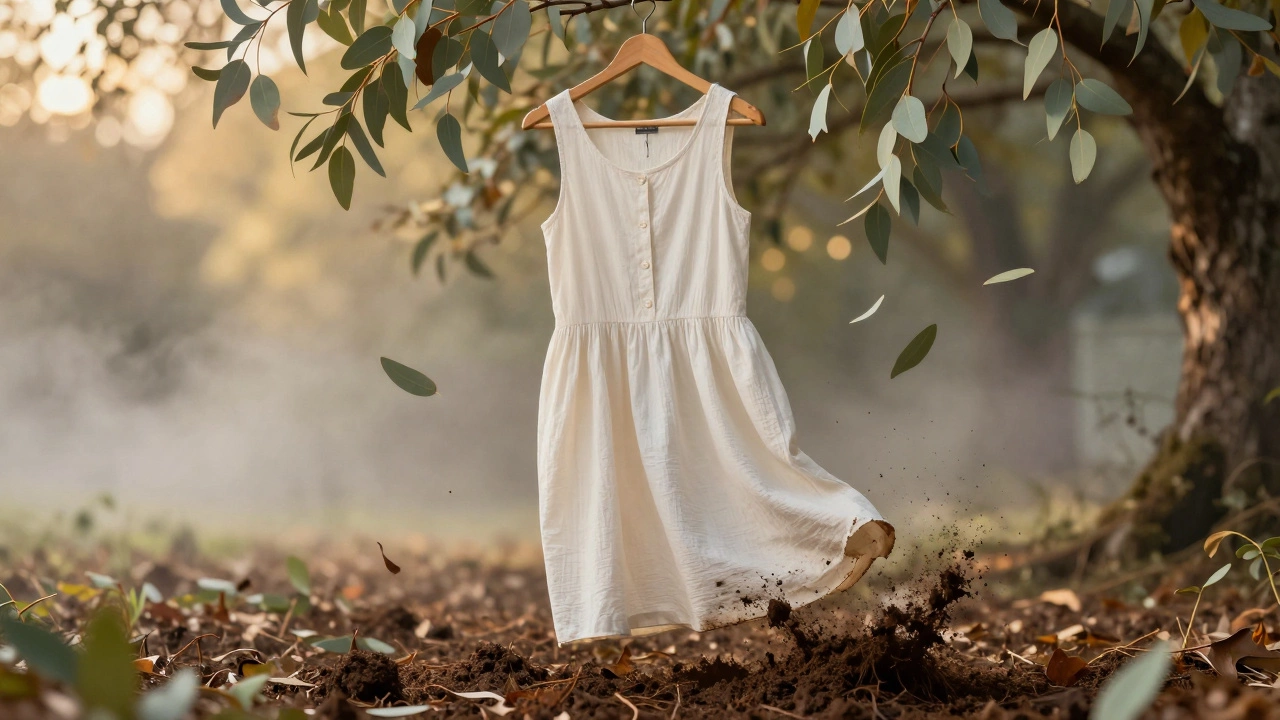 TENCEL™ Lyocell dress dissolving into compost soil amid falling eucalyptus leaves.