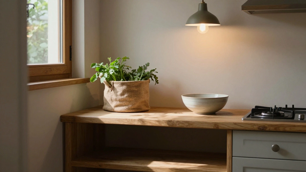 A minimalist kitchen nook with wooden storage, jute basket, and warm pendant lighting.