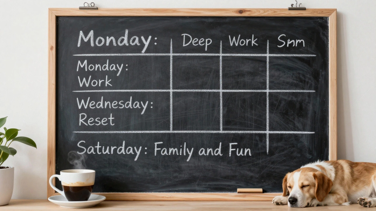 A weekly schedule on a chalkboard with themes, a dog sleeping nearby, and morning light streaming through a window.