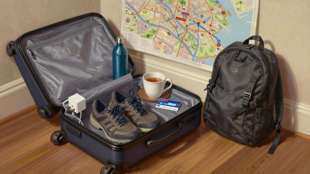 An open suitcase with essentials for London: plug adapter, water bottle, walking shoes, and Oyster card on a hotel room floor.