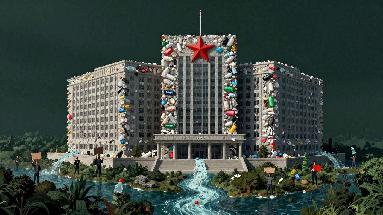 Corporate building made of plastic waste, with rivers of pollution flowing into oceans and forests.
