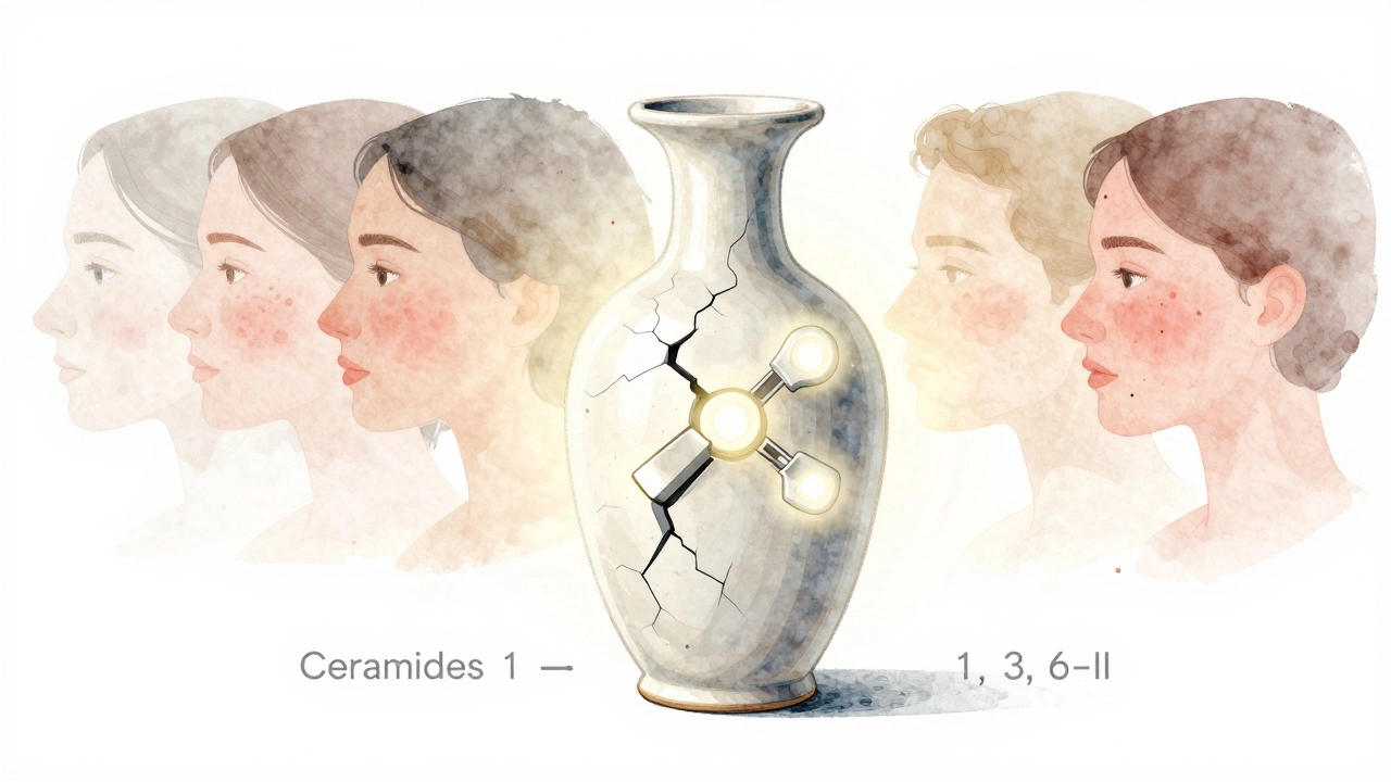 Cracked vase being repaired with glowing ceramide pieces, symbolizing skin barrier restoration.