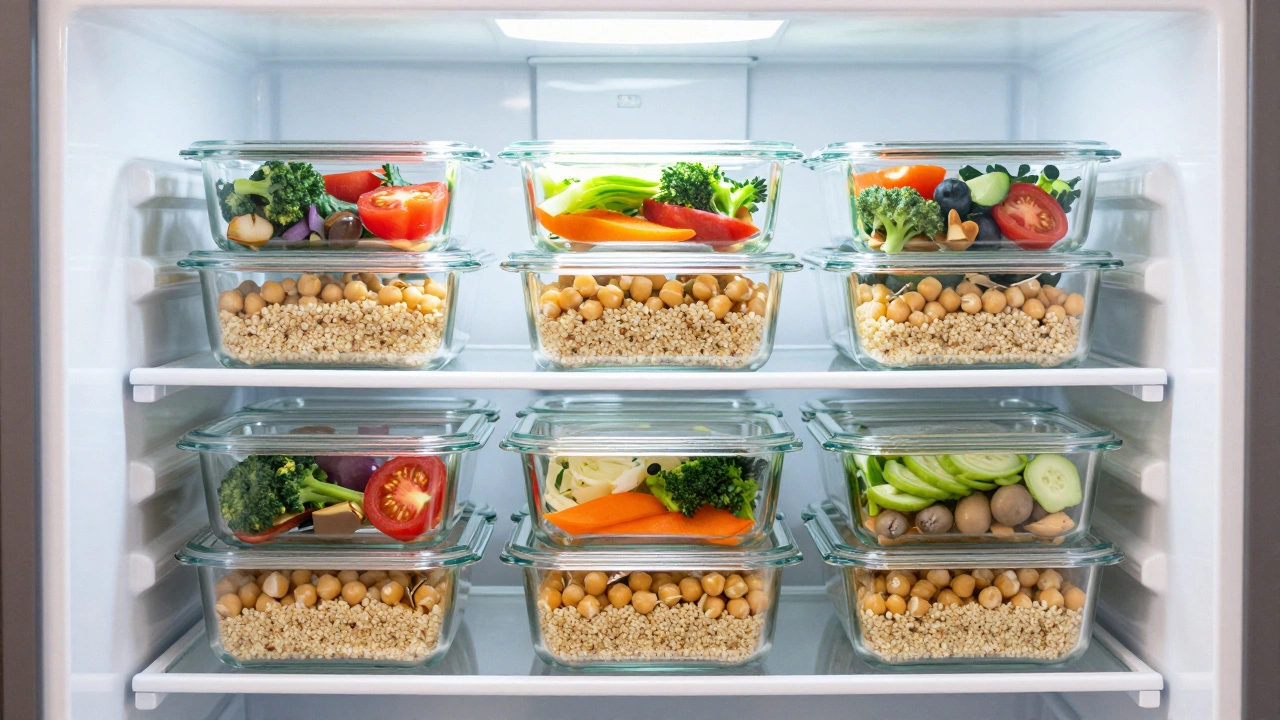 Glass meal prep containers organized in refrigerator with layered ingredients