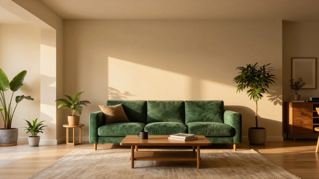 Green sofa in sunlit living room with perfect furniture scale.