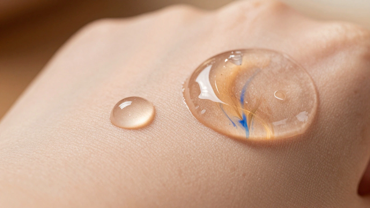 Macro view of thin serum and thick gel on skin.