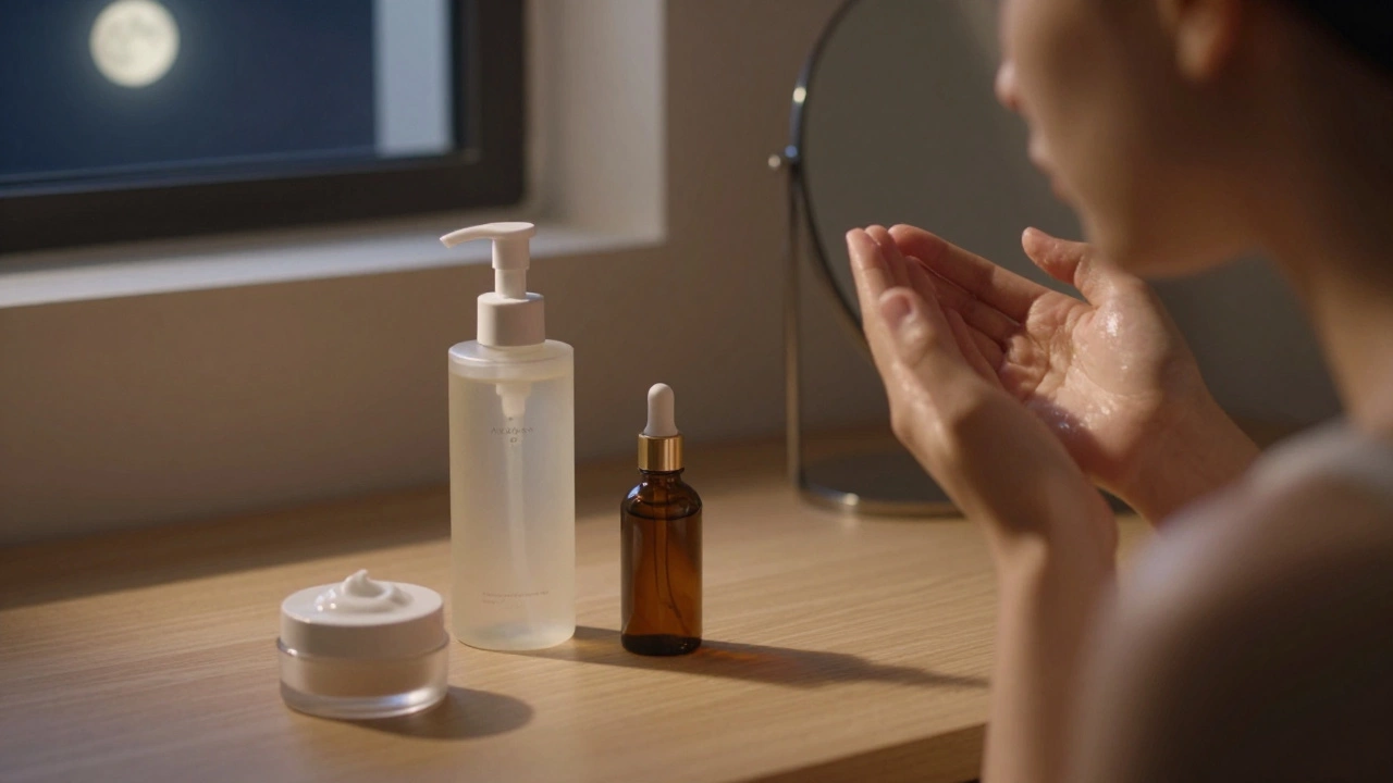 Minimalist nighttime skincare routine with three products and a reflection of clear, calm skin.