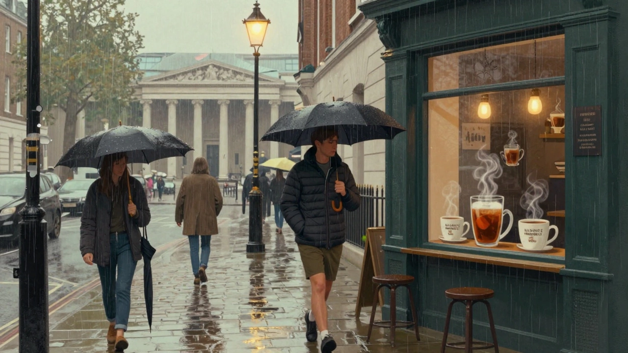 People walking in light rain through a London street past a cozy cafe, with cobblestones glistening and a distant museum.