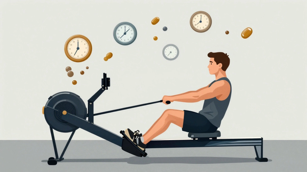 Person rowing vigorously, with calorie counters and fat molecules dissolving around them in a minimalist setting.