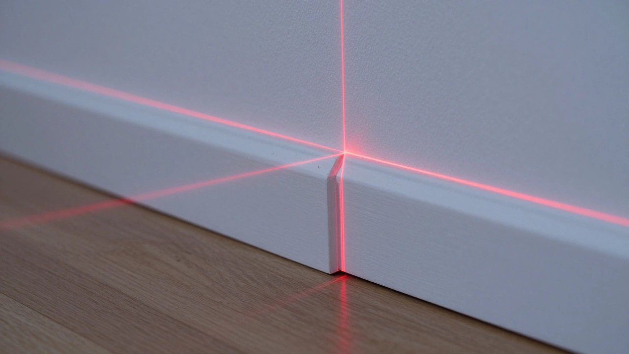 Red laser grid scans white wall corner for measurement.