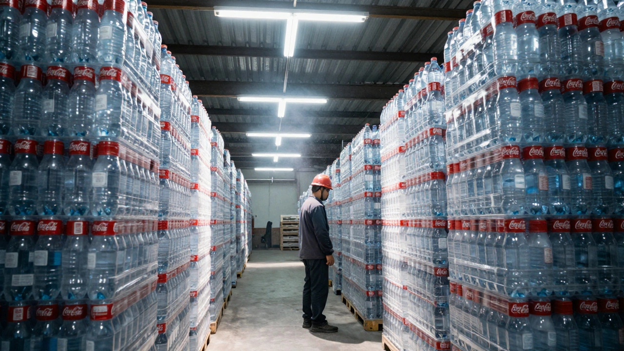 Warehouse filled floor to ceiling with identical Coca-Cola plastic bottles under harsh fluorescent lights.