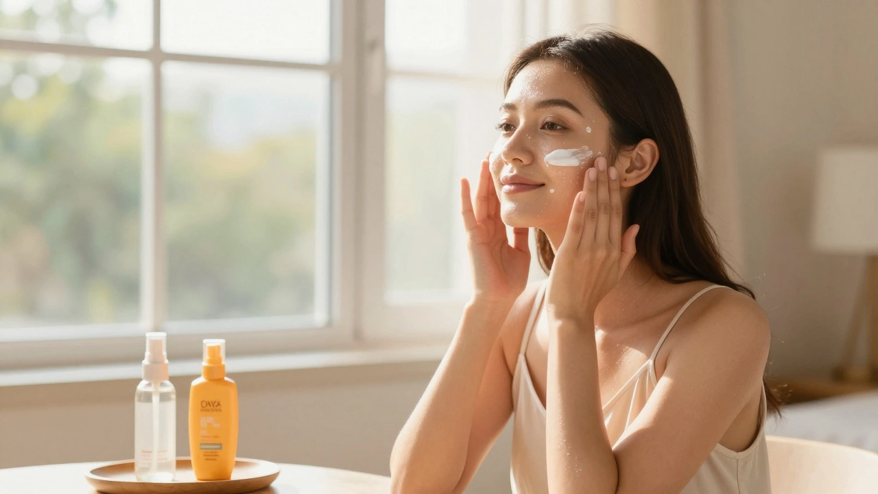 Woman applying moisturizer in a sunlit bedroom.