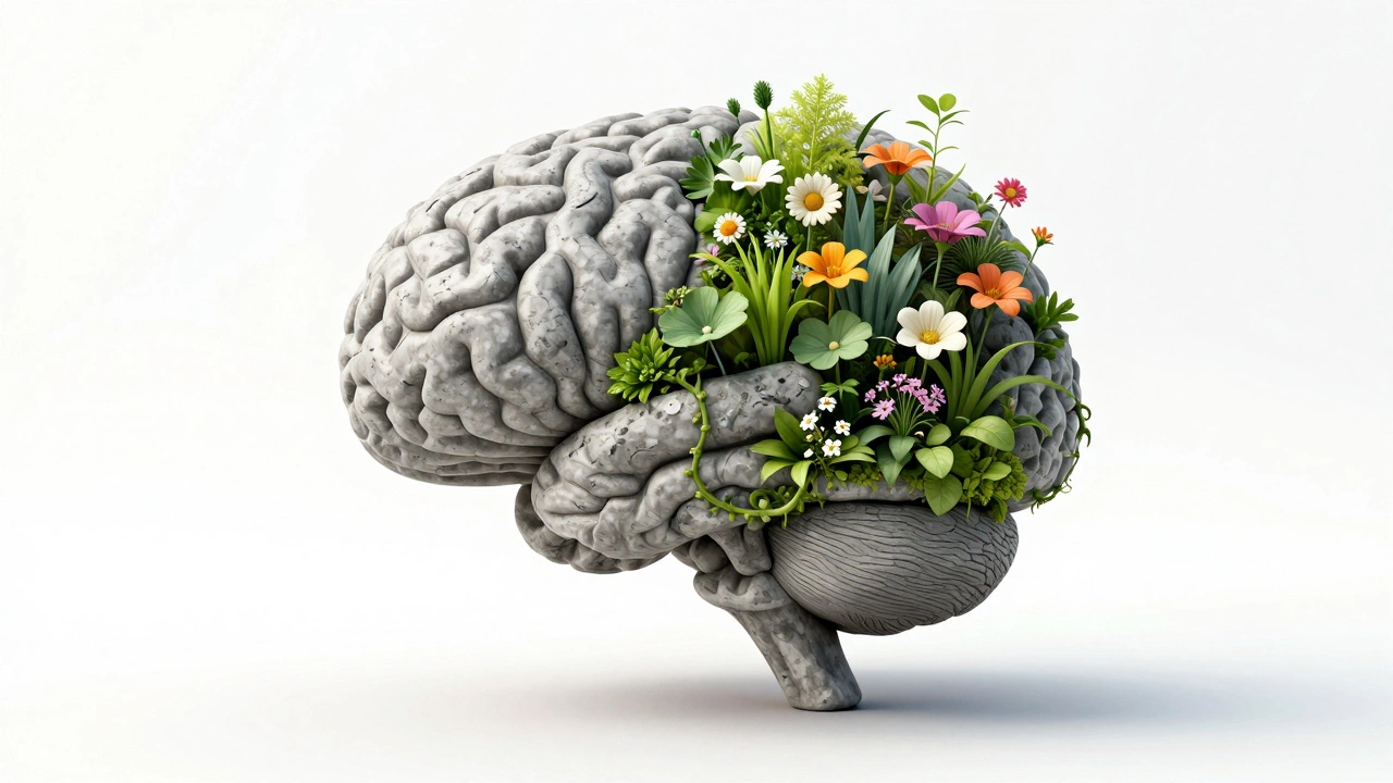 A brain transitioning from a grey stone sculpture to a vibrant, blooming garden.