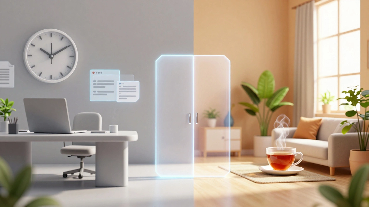 A conceptual split image showing a grey office and a warm home separated by a glowing symbolic gate.