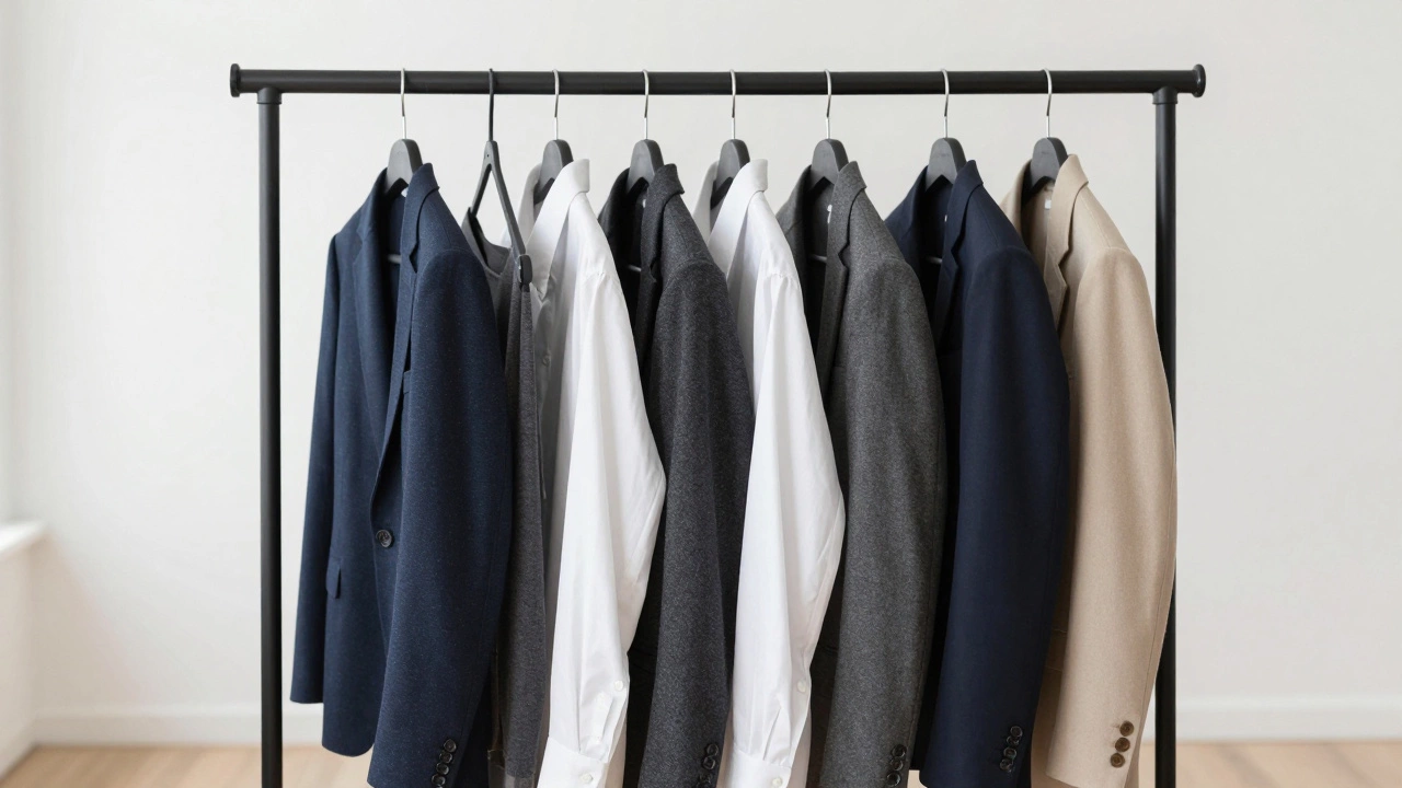 A curated capsule wardrobe with neutral colored high-quality clothing on a rack.