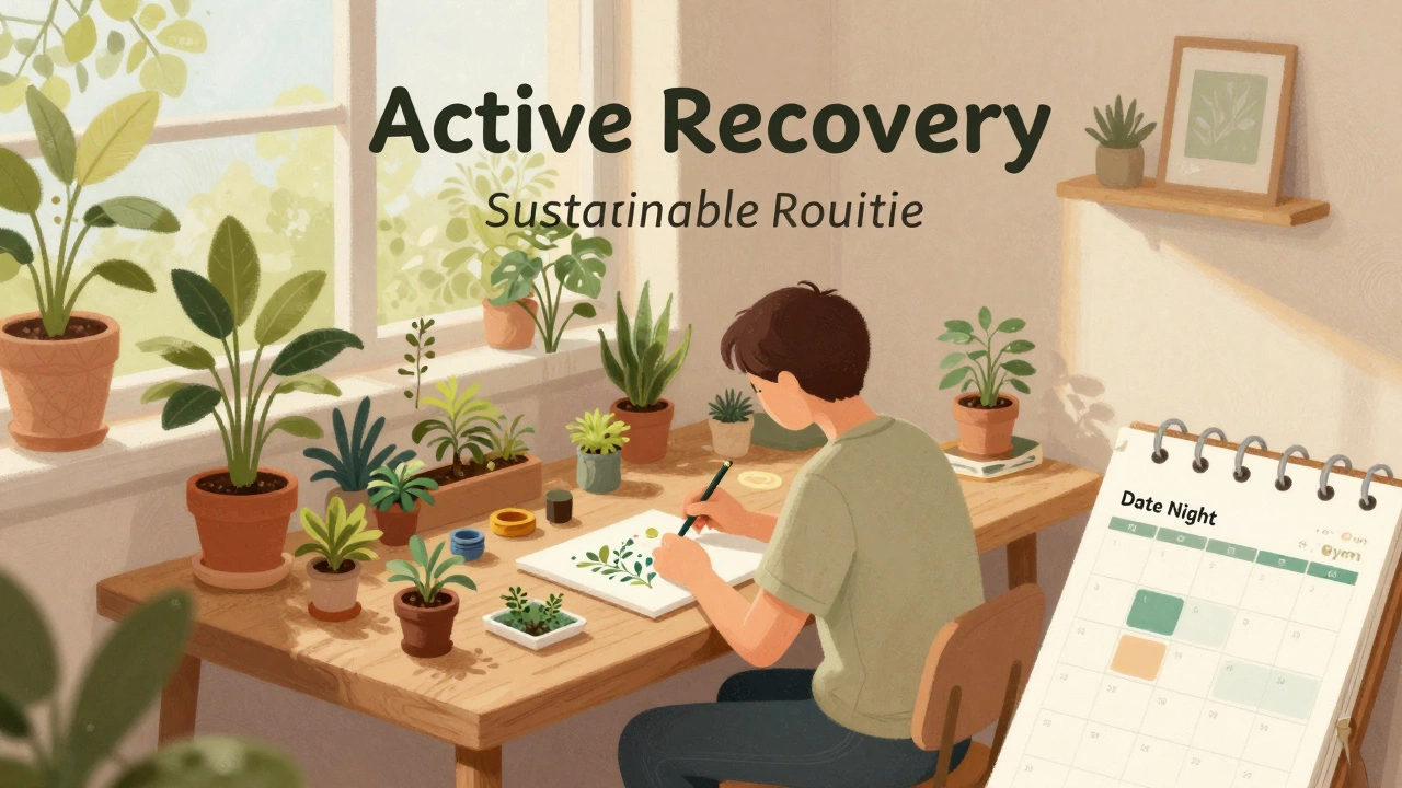 A person peacefully painting miniatures at a desk with a calendar showing scheduled personal time.