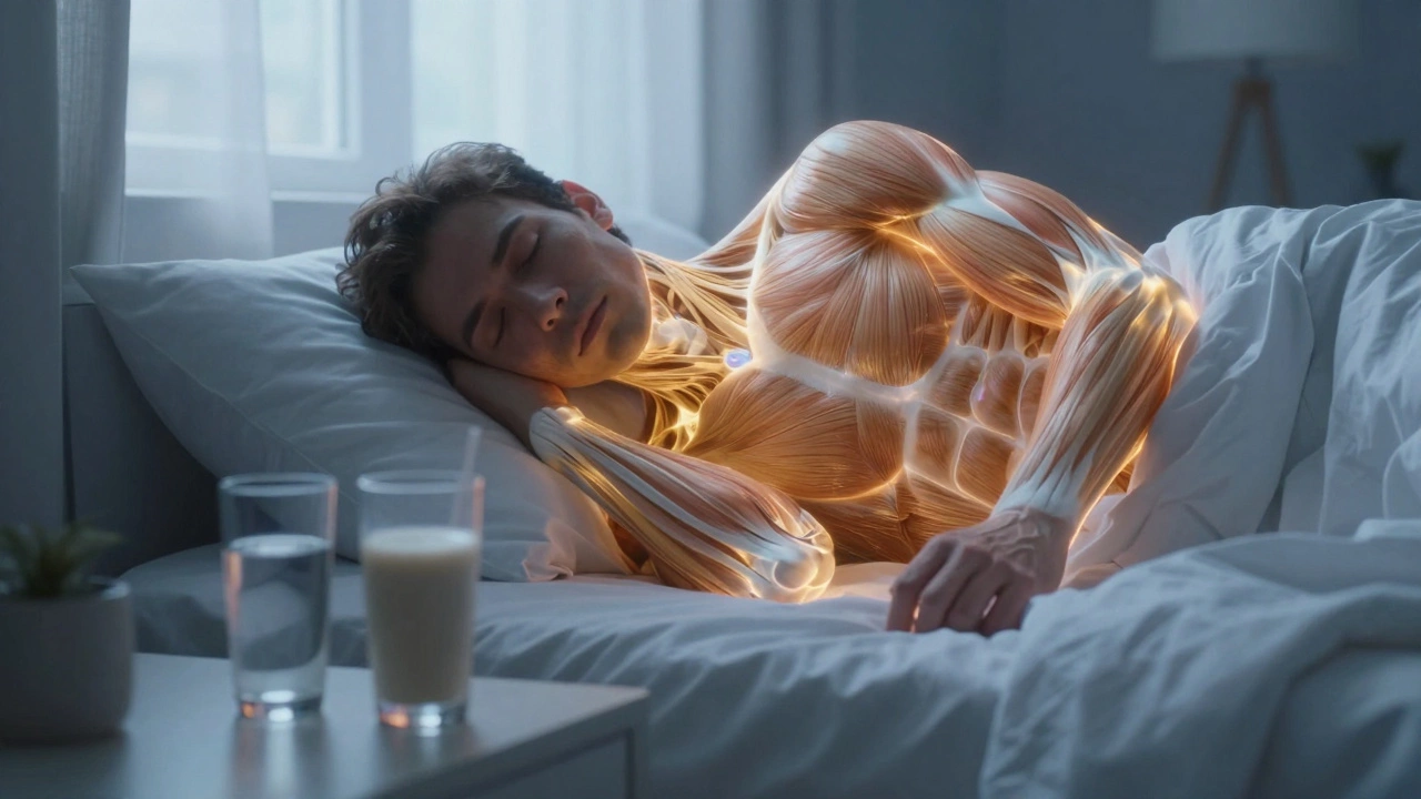A person sleeping with a glowing anatomical overlay showing muscle recovery.