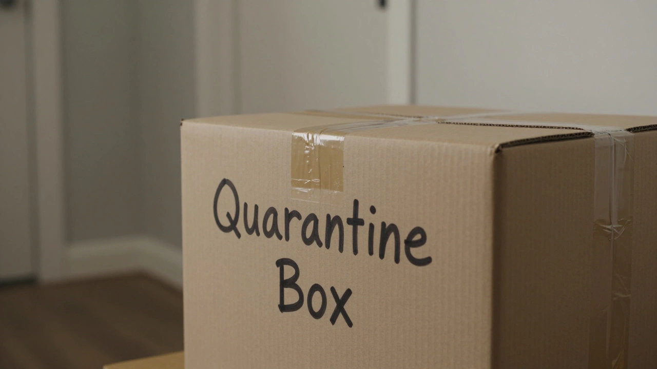 A sealed cardboard quarantine box with a date written on it in a tidy hallway.