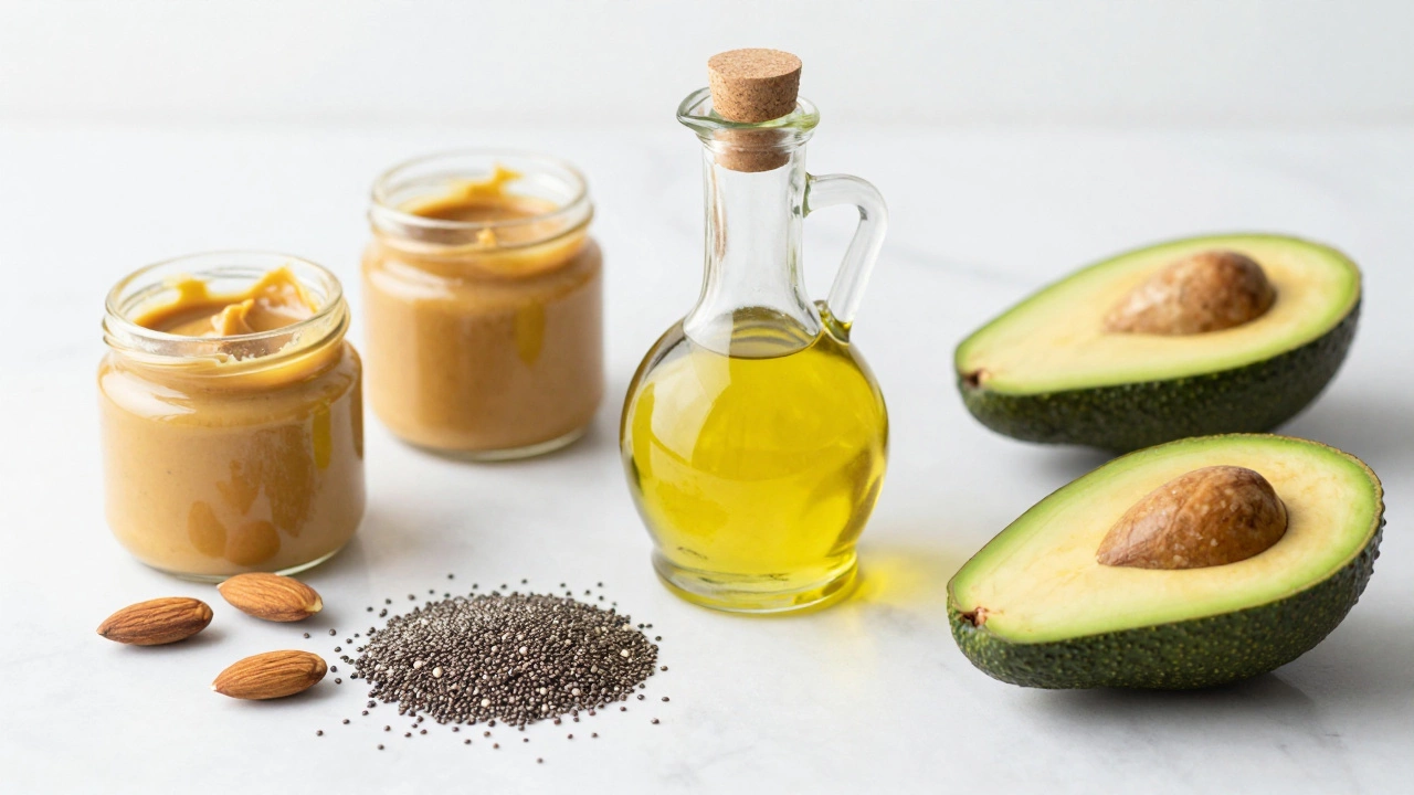 Bottle of olive oil surrounded by nut butters, chia seeds, and sliced avocado