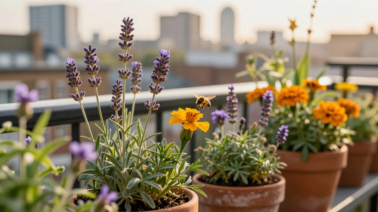 Close-up of a bee pollinating native wildflowers in a small urban balcony garden