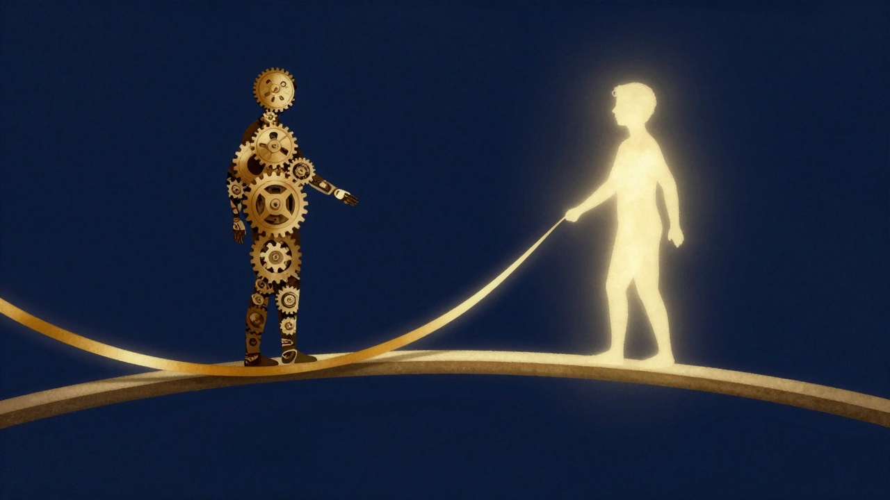 Conceptual art showing a golden bridge connecting internal systems and external empathy.