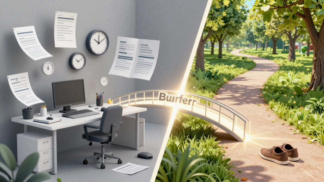 Conceptual art showing a transition from a stressful office to a sunny park