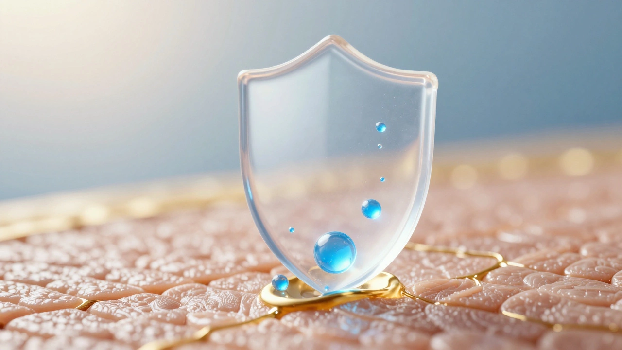Conceptual illustration of a skin barrier being hydrated and sealed with moisture spheres.