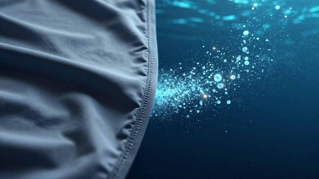 Conceptual image showing athletic fabric dissolving into microplastics in the ocean.