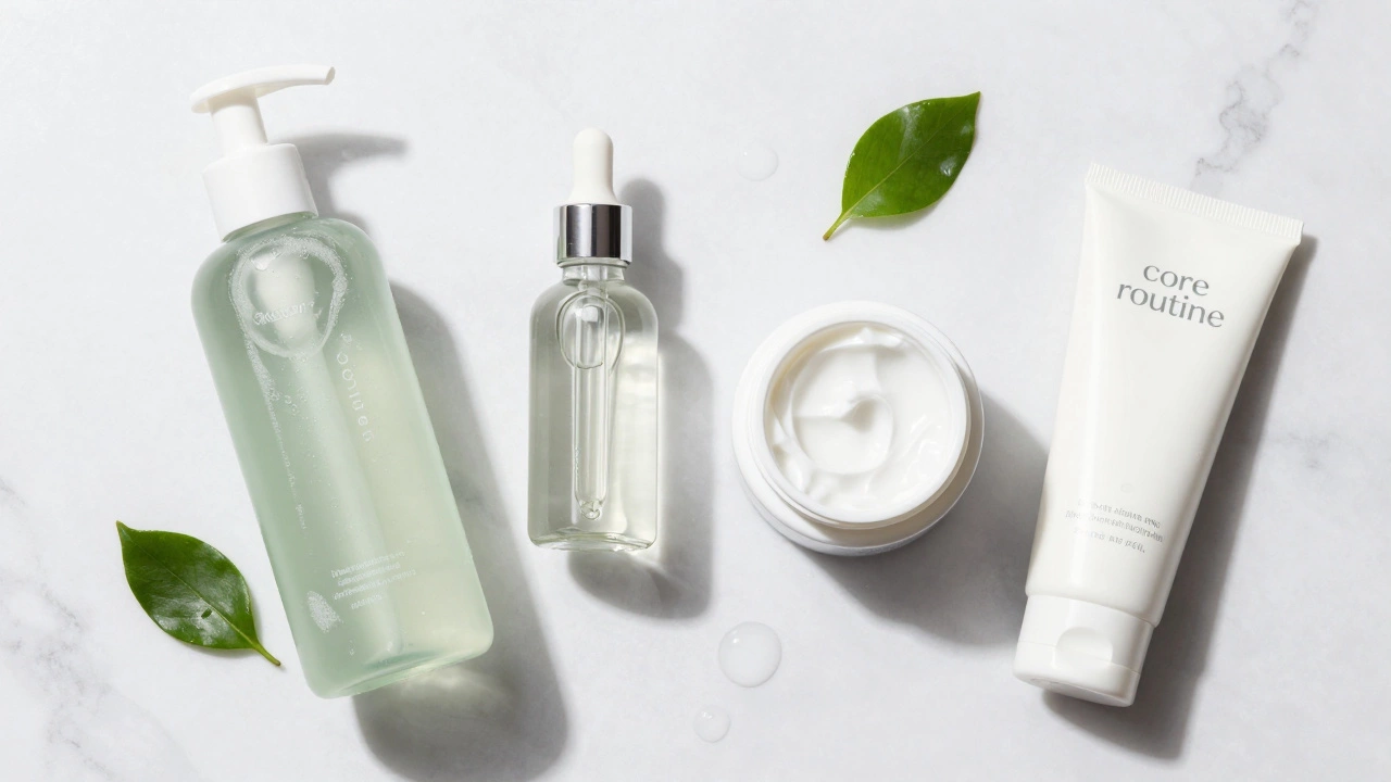 Flat lay of essential skincare products: cleanser, serum, moisturizer, and sunscreen on marble.