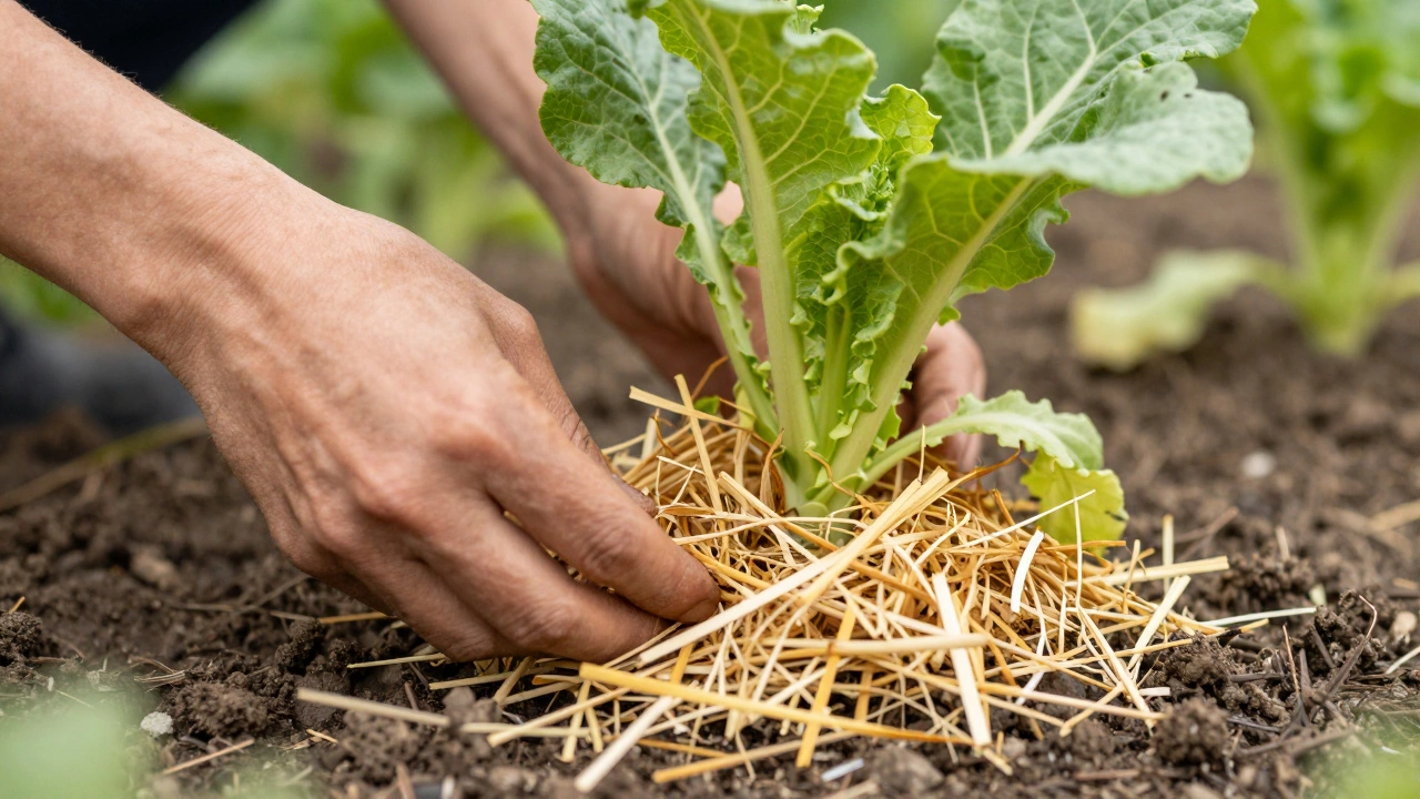 Hands applying straw mulch around the base of a green vegetable plant.
