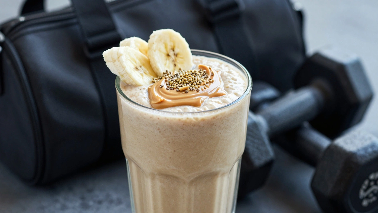 High-calorie protein smoothie topped with almond butter and banana slices