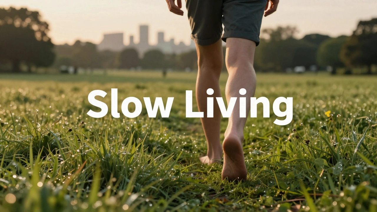 Person walking barefoot on grass in a park, symbolizing slow living.