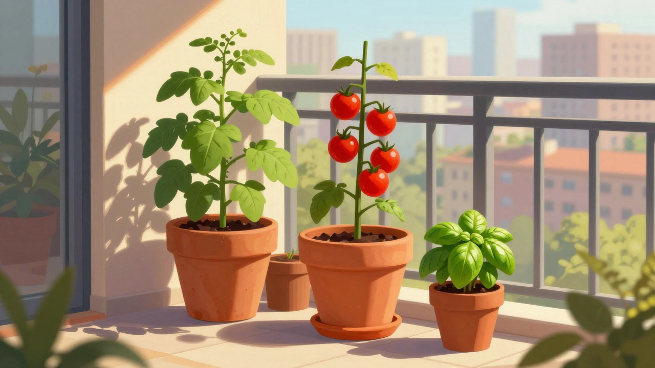 Potted cherry tomatoes and basil plants on a sunny apartment balcony.