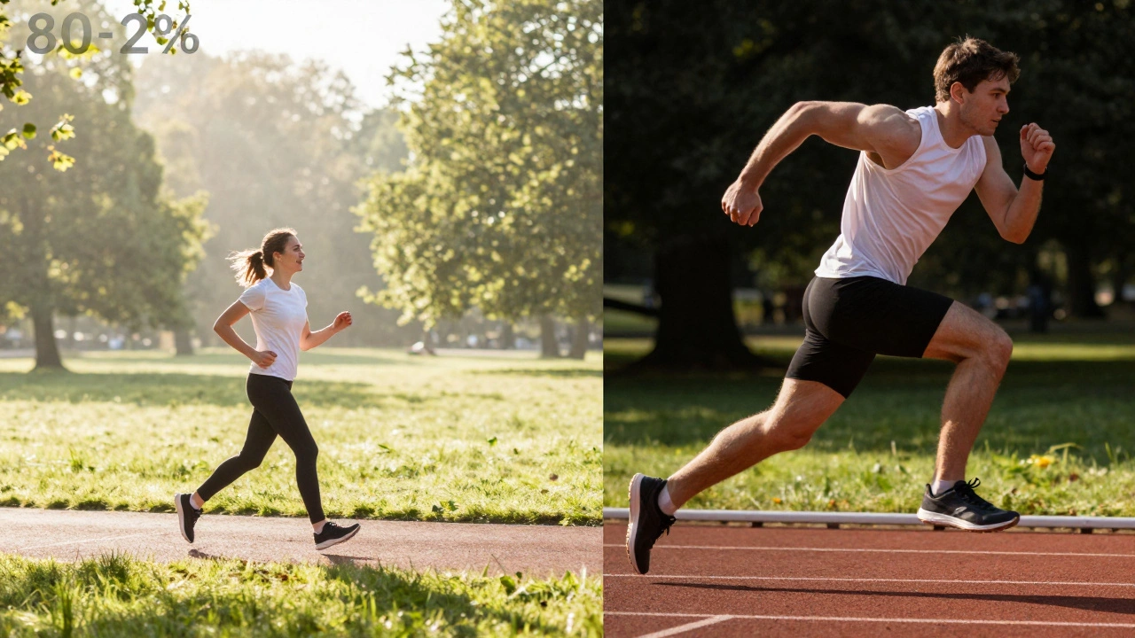 Split screen showing a relaxed jogger in a park and an intense sprinter on a track.
