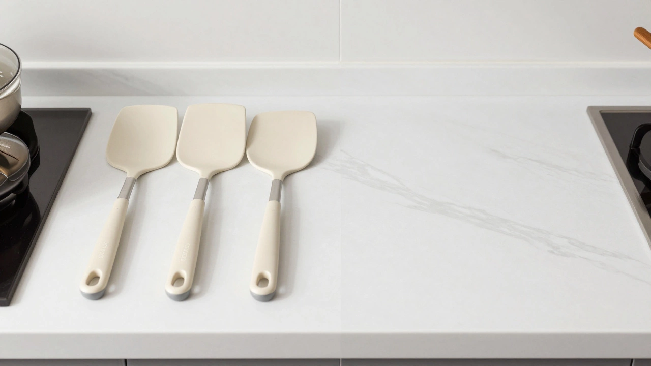 Split view of a kitchen counter showing a cluttered side and a clean, organized side.
