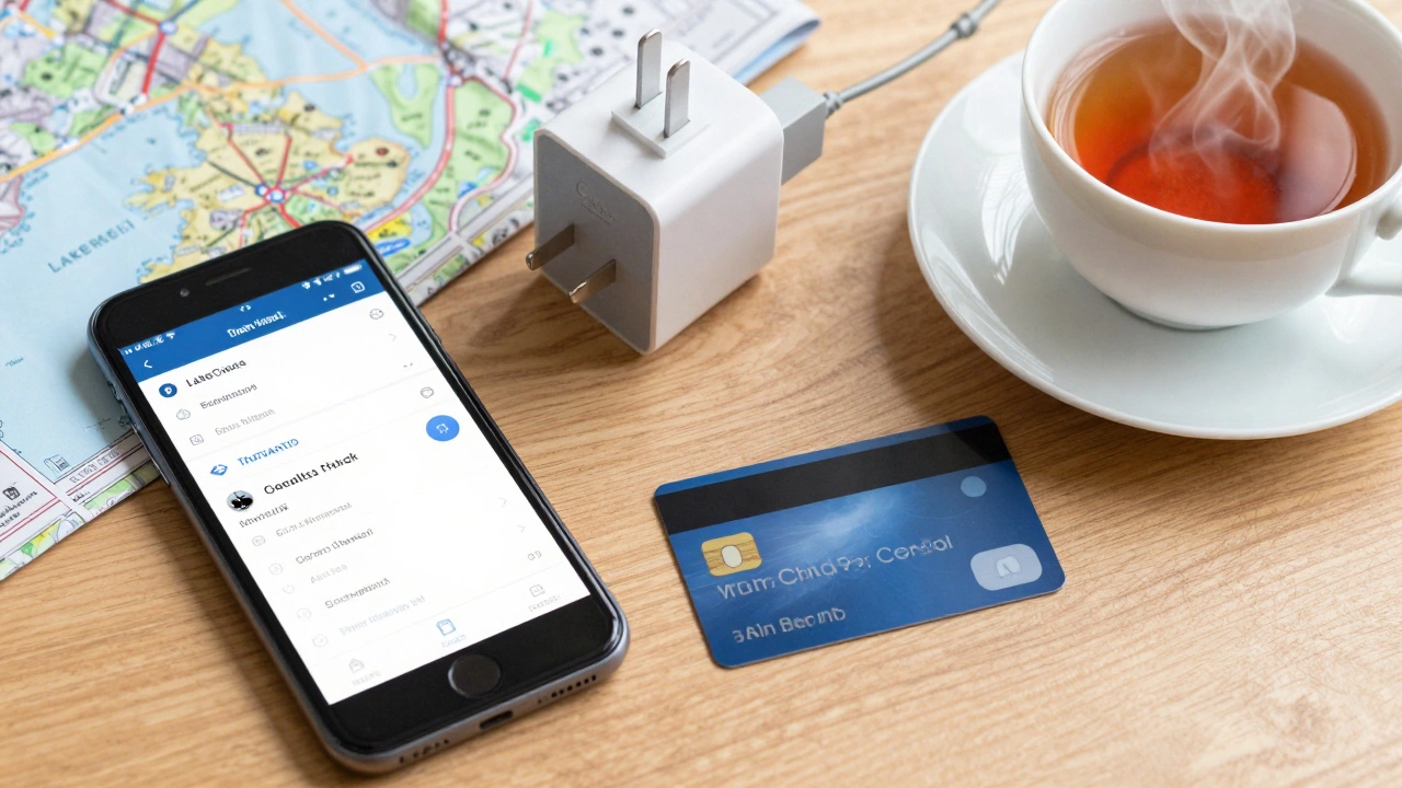 Travel essentials including a smartphone, contactless card, and power adapter for a UK trip.