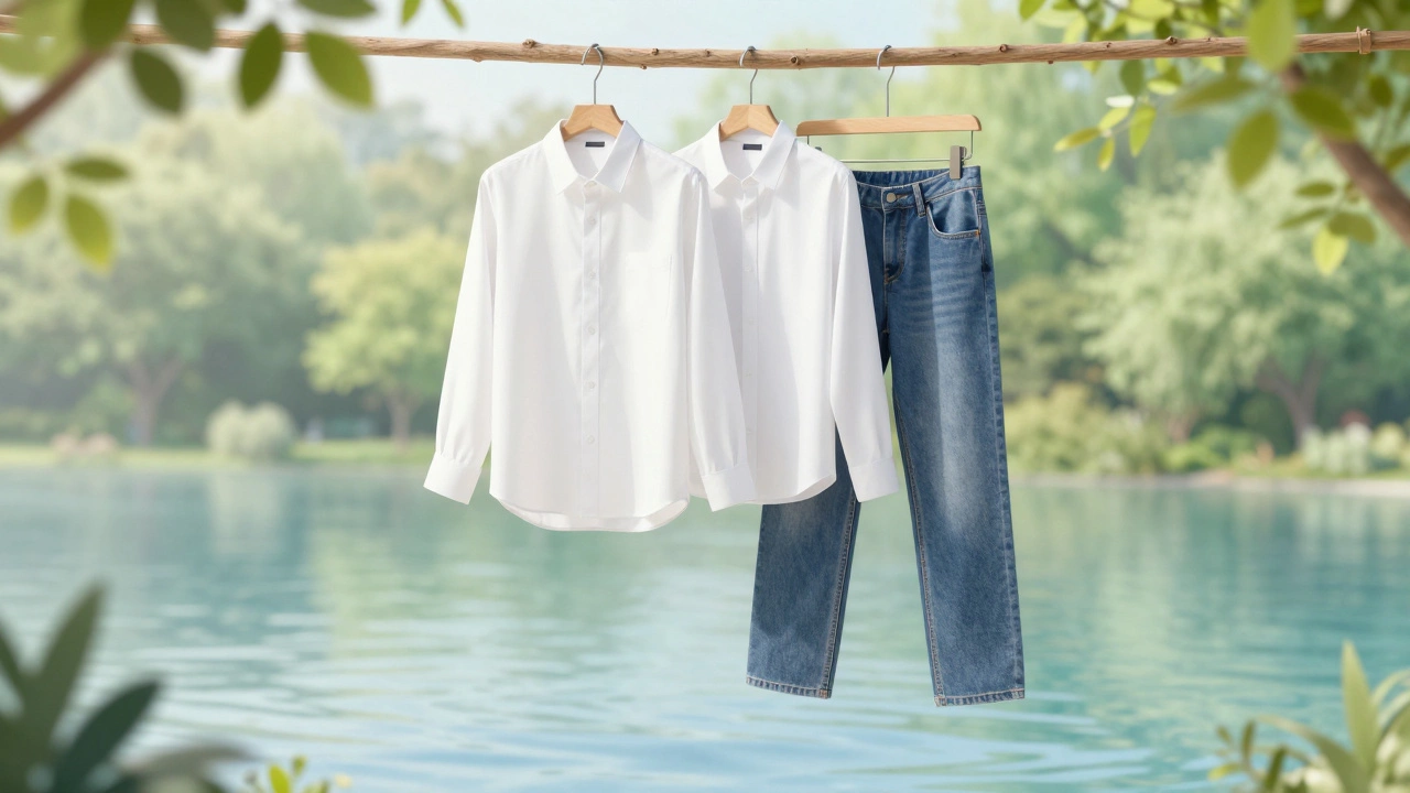 Classic sustainable clothing hanging against a nature background