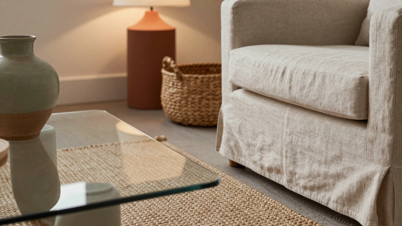 Close up of mixed textures including linen, glass, and jute rug