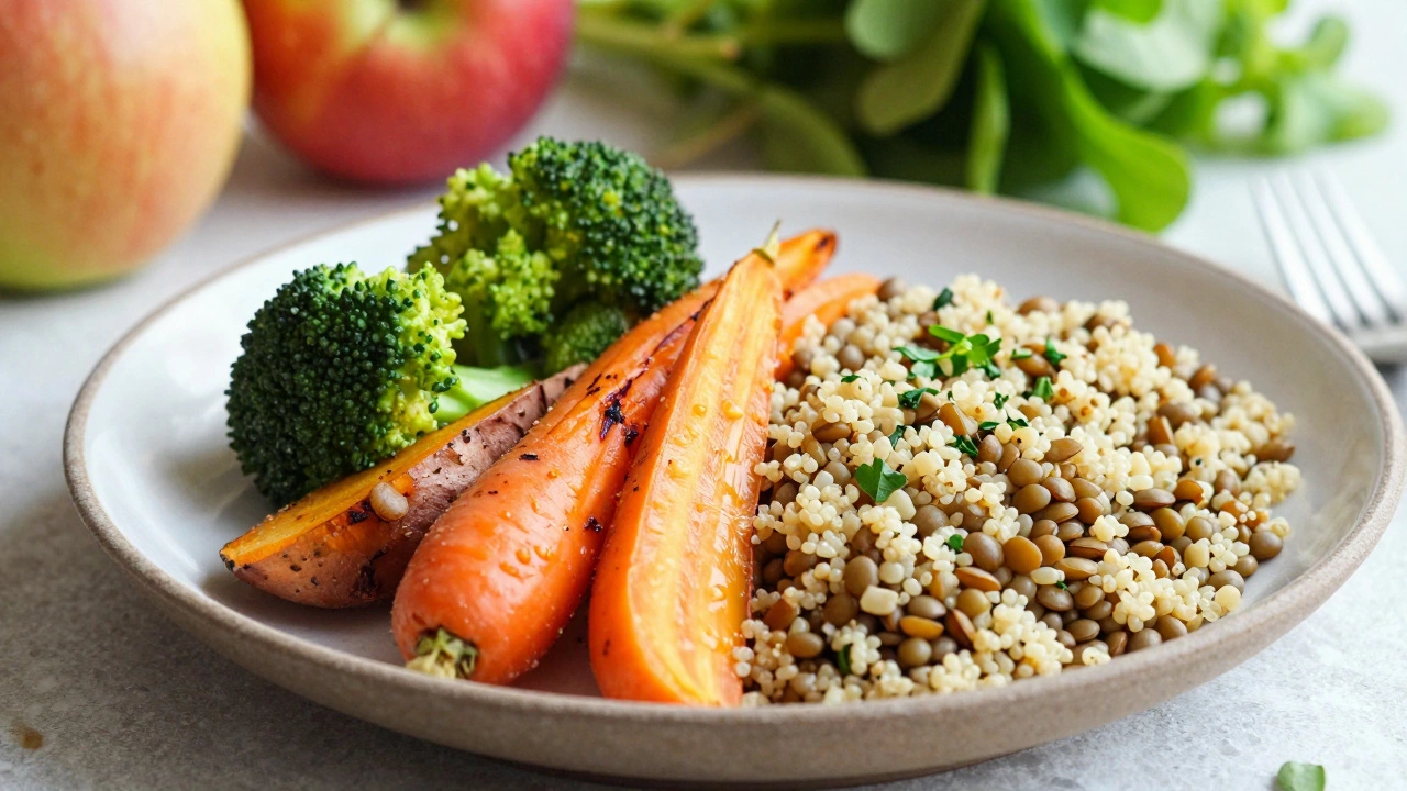 Colorful plant-based meal with lentils and roasted vegetables on a ceramic plate.