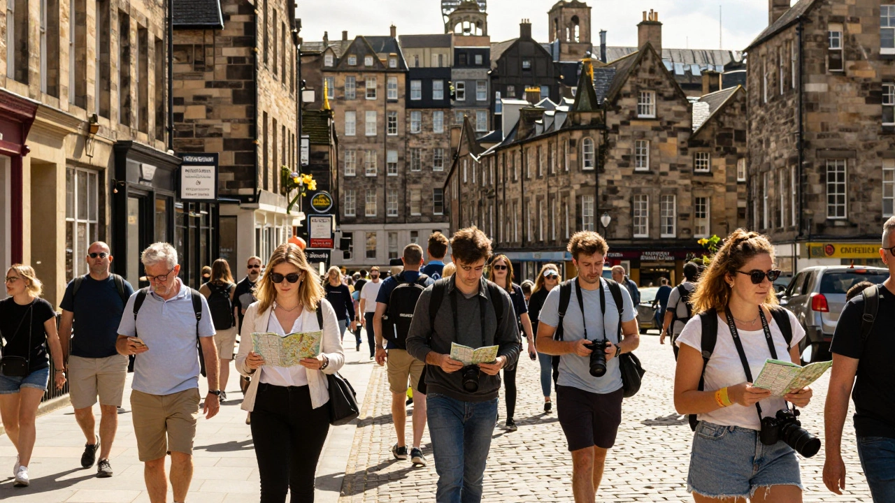 Crowded historic streets in Edinburgh during the busy peak summer tourist season.