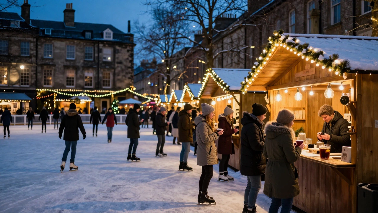 Festive Christmas market with lights and snow in a UK city during winter.
