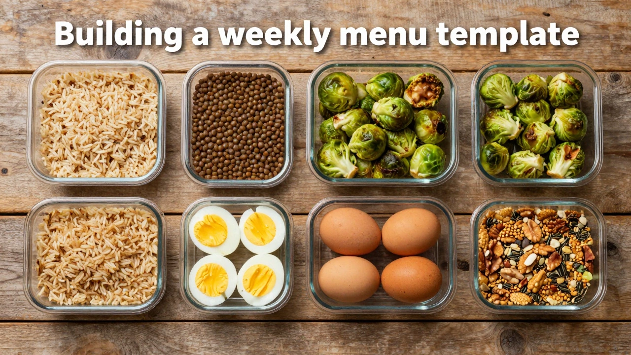 Flat lay of meal prep ingredients like grains, proteins, and veggies on wood.