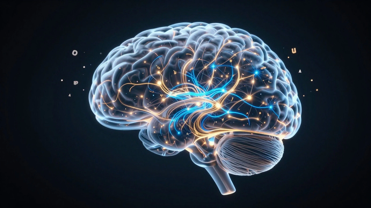 Glowing neural network inside a human brain silhouette