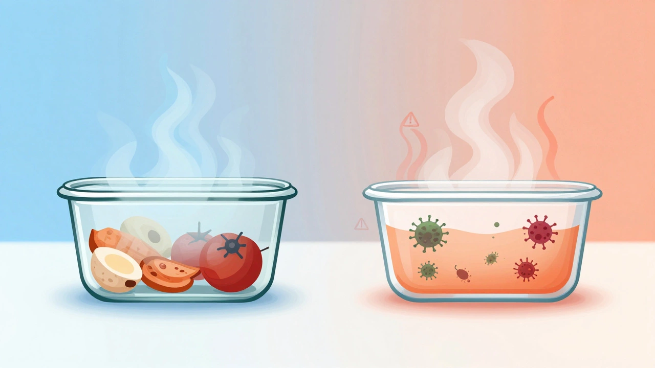 Illustration comparing safe shallow glass containers vs unsafe deep plastic ones.