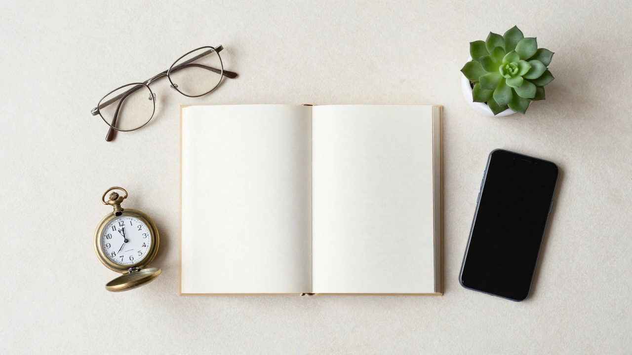 Open book, watch, and glasses on a minimalist desk