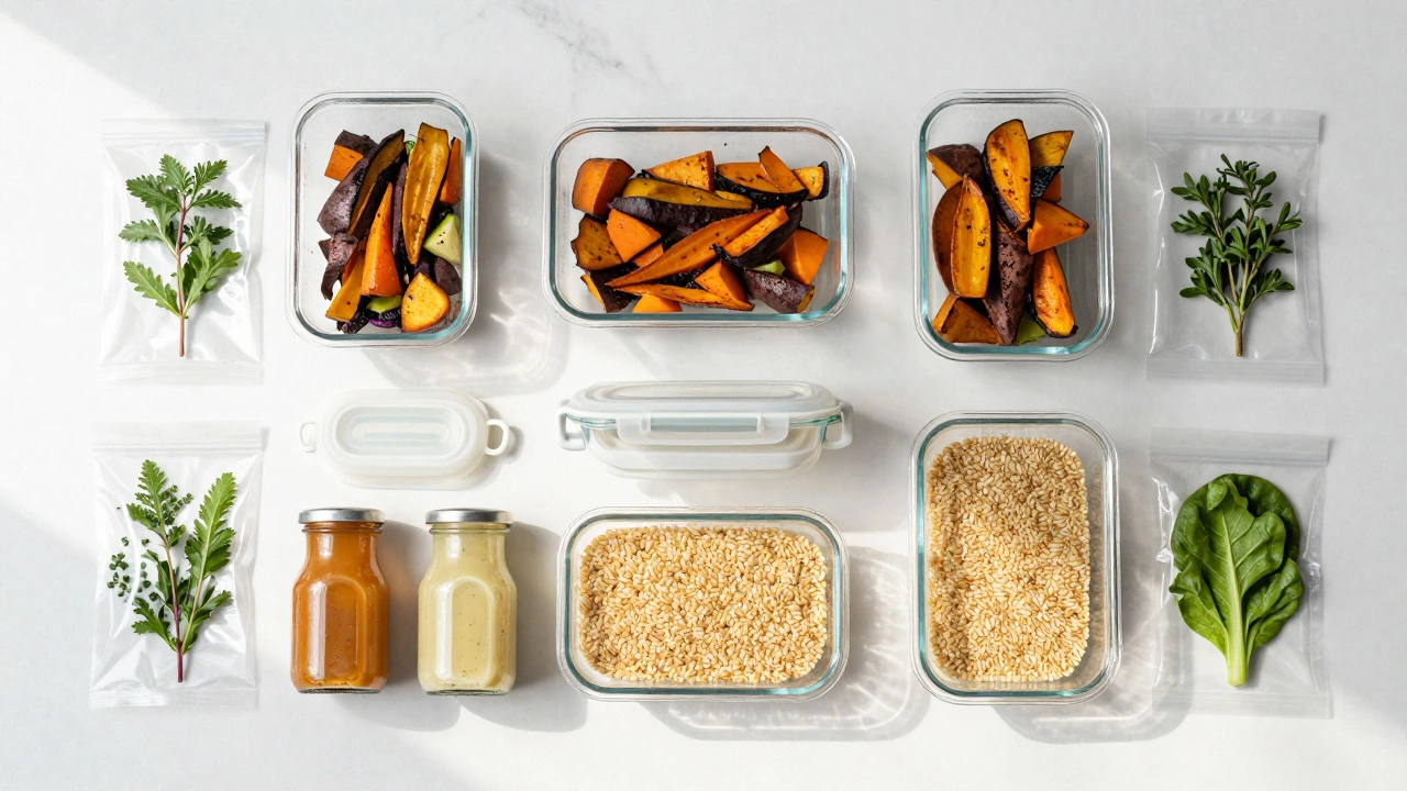 Organized meal prep containers with separated fresh ingredients
