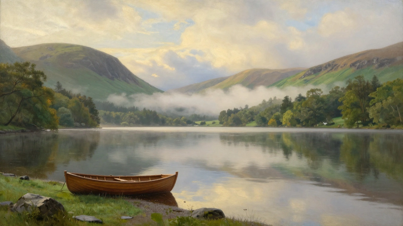Peaceful lake reflection surrounded by green fells in the Lake District