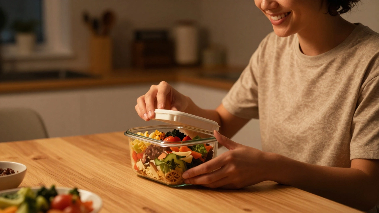 Person enjoying a ready-to-eat meal from a glass container in a cozy evening setting.