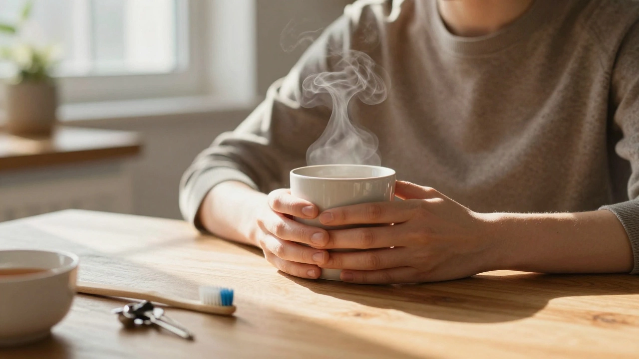 Person mindfully drinking tea in a sunlit kitchen
