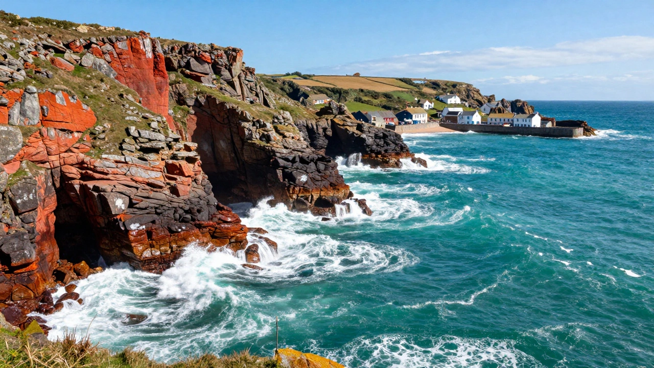Red coastal cliffs crashing into turquoise waters in Cornwall