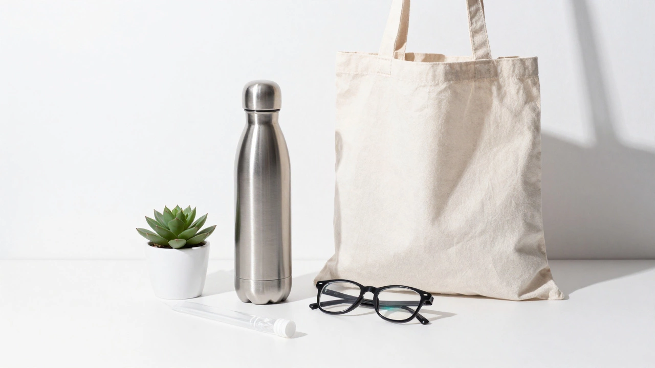 Reusable water bottle and tote bag next to a plastic wrapper on a white table.